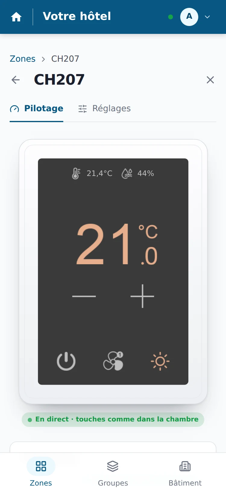 Le pilotage d’une chambre sur téléphone, le thermostat tel qu’il est dans la chambre